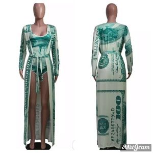 Money Print Belted Cover Up 2 Piece Swim Set